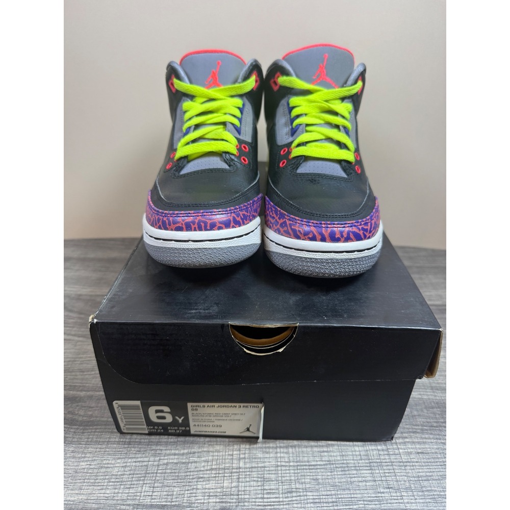 Jordan 3 Retro GS Black Atomic Red Volt Cement Grey 441140-039 Girls 6Y